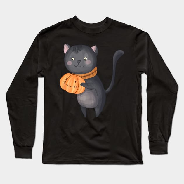 Funny Halloween Cat Pumpkin For Men & Women Long Sleeve T-Shirt by vicenteamine